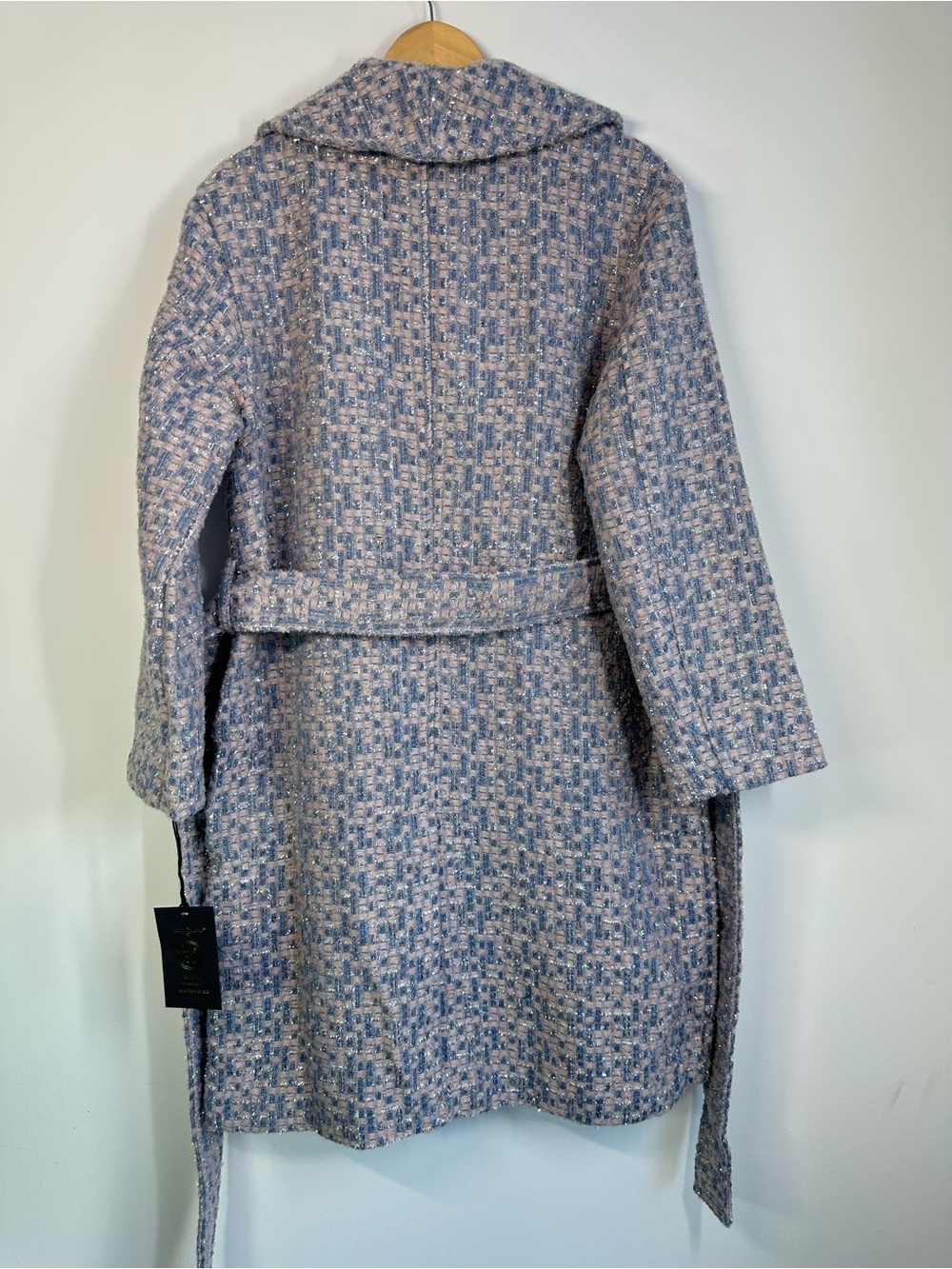 Kathy Ireland NWT Blue Pink Bouclé Tweed Belted Coat Women’s Large - Picture 5 of 5